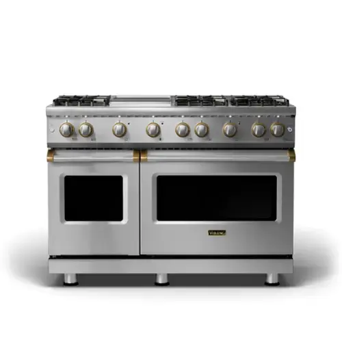 Front. Viking - 5-Series Dual Fuel Self-Clean 48"W Sealed Burner Range - Stainless with Brushed Brass Accents.
