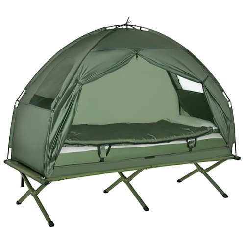 Outsunny - Multifunctional Folding Camping Cots for Adults, Elevated Tent with Sleeping Bag, Thick Air Mattress Pad - Green-Front_Standard 