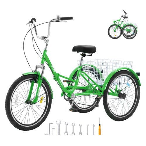 VEVOR - Folding Adult Tricycle, 24-Inch 7-Speed Adult Folding Trikes, Carbon Steel 3 Wheel Cruiser Bike with Basket - Green-Front_Standard 