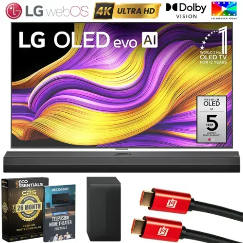 LG webOS 4K ULTRA HD LG OLED evo AI .. Dolby VISION FILMMARER MODE WORLD'S No. 1 OLED TV FOR 12 YEARS PREMIUM OLED G5 YEAR 5 LIMITED PANEL WARRANTY 1 LG C A 1007 ECO DE SSENTIALS DECOGZAR 25 PREMIUM CPS 26 MONTH PROTECTION BOMNEET SUCE TELEVISION PREMIUM HOME THEATER PLAN ESSENTIALS PROTECTION