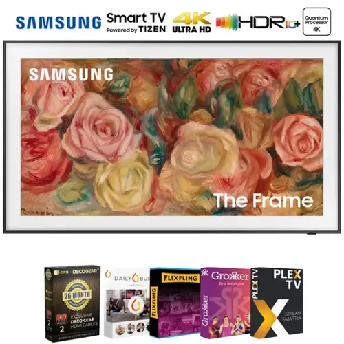 SAMSUNG Smart TV  
Powered by TIZEN  
4K ULTRA HD  
HDR IG+  
Quantum Processor 4K  

The Frame  

CPS DECOGEAR  
26 MONTH PROTECTION  
EXCLUSIVE DECO GEAR  
2 MUR CABLES HDMI  

DAILY BUR  
FLIXFLING  
Groxker  
Be a better you  
PLEXTV  
STREAM SMARTER