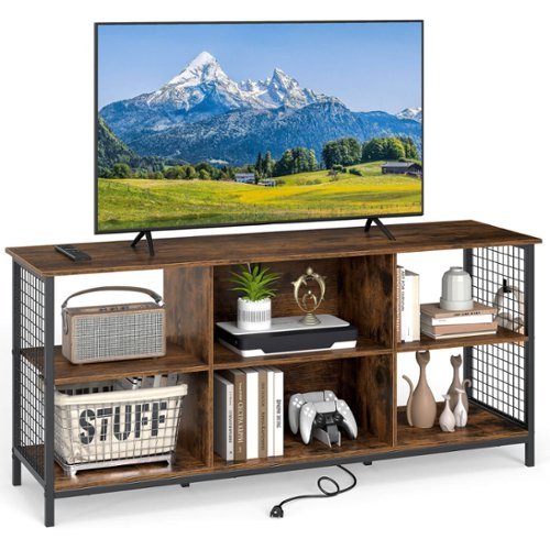 Costway - 3-Tier TV Stand for TV's up to 65" Entertainment Media Center with Storage Basket - Rustic Brown + Black-Front_Standard 