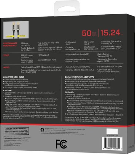 Rocketfish™ 50' 4K UltraHD In-Wall Rated Fiber Optic HDMI Cable with HDR Support - Black BUY IN MIDDLE EAST