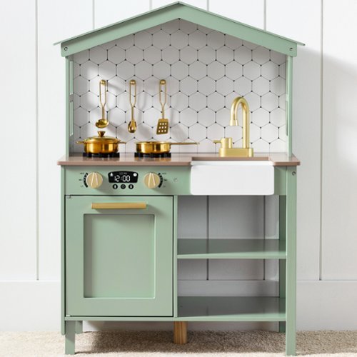 Best Choice Products - Pretend Play Wooden Farmhouse Kitchen Set w/ Storage, Clicking Knobs, 5 Accessories - Sage-Front_Standard 