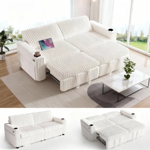 Dyonery - 91" Sectional Sleeper Sofa Bed with Pull Out Bed, Oversized Loveseat Sleeper Sofa with Reclining Backrest - Beige-Front_Standard 
