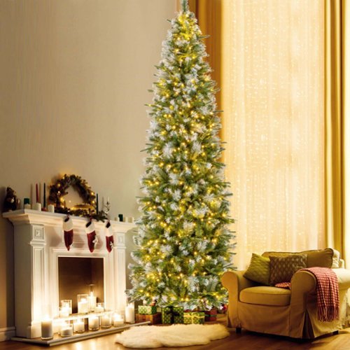 Costway - 9 FT Pre-Lit Artificial Christmas Tree with 1228 Frosted Tips 470 LED Lights - Green/White