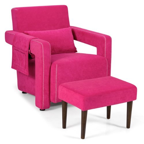 Costway Modern Berber Fleece Sofa Chair with Ottoman and Waist Pillow - Rose Red