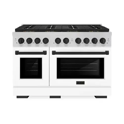 Front. ZLINE - ZLINE Autograph 48 in. Paramount Gas Range with 8 DuoPro Burners & White Doors w/ Black Accents (PSGRZ-WM-48-MB) - Stainless Steel with White Matte Door.