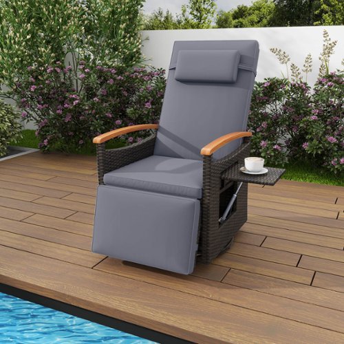 Costway - Outdoor 360° Swivel Rattan Recliner Chair Patio Wicker Chaise Lounge Chair - Gray-Front_Standard 