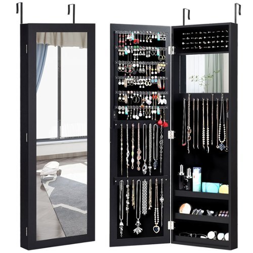 Costway Wall Door Mounted Mirrored Jewelry Cabinet Storage Organizer - Black