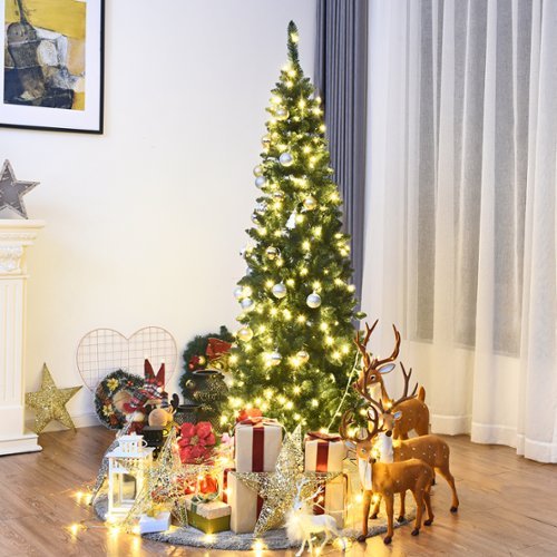 Costway - 6.5ft Pre-Lit Hinged Pencil Christmas Tree 250 White Lights