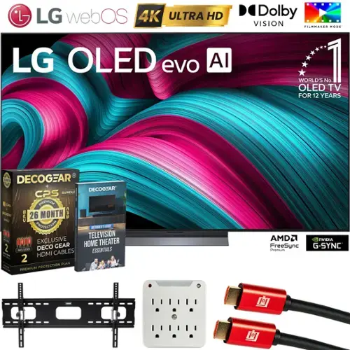 - LG webOS 4K ULTRA HD LG OLED evo AI
- Dolby VISION FILMMAKER MODE
- WORLD'S No. 1 OLED TV FOR 12 YEARS
- DECOGEAR CPS BUNDLE
- 26 MONTH CPS PROTECTION
- EXCLUSIVE HOME THEATER ESSENTIALS
- HDMI CABLES
- AMD FreeSync Premium
- NVIDIA G-SYNC