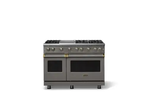 Front. Viking - Pro 5 Series 6.1 Cu. Ft. Freestanding Sealed 6 Burner LP Gas Convection Range/Griddle - Damascus Gray w. Brushed Brass - Damascus Gray.