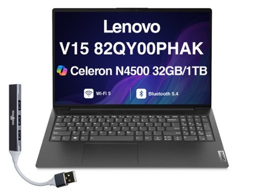 Lenovo - Upgraded - V15 Laptop 15.6 FHD (Intel Celeron N4500, 32GB DDR4, 1TB PCIe SSD, Intel UHD, Win 11 Pro) w/USB Hub - Black-Front_Standard 