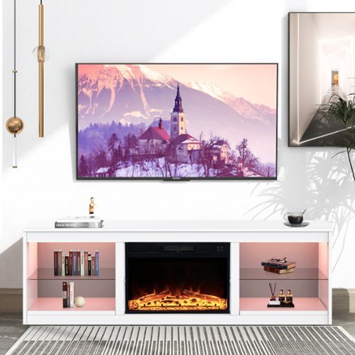 Ihomeadore - 66" TV Stand with 23"Insert Electric Fireplace and Open Storage Shelves Media Console for TVs up to 75" - White-Front_Standard 