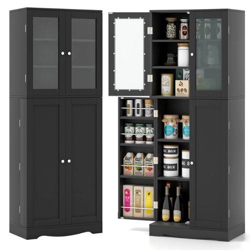 Ecooso - Tall Kitchen Pantry Sideboard Cabinet Organizer with Dual Glass Doors and Adjustable Storage Shelves - Black-Front_Standard 