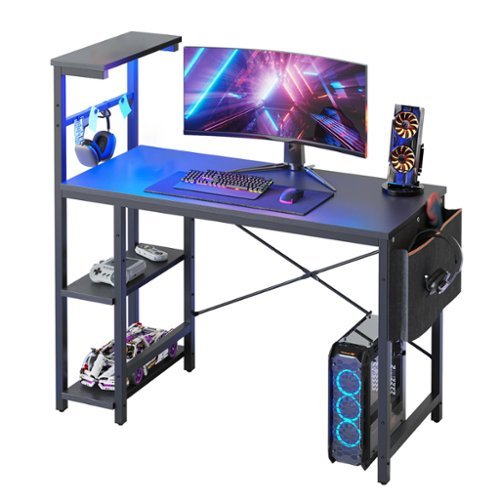 Bestier - 44 inch Gaming Desk with LED Lights, Reversible Storage Shelves & Side Storage Bag for Small Space - Black Grained-Front_Standard 