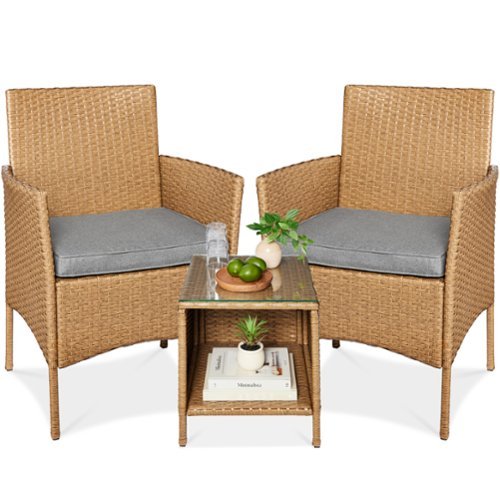 Best Choice Products - 3-Piece Outdoor Wicker Conversation Patio Bistro Set, w/ 2 Chairs, Table - Natural/Cement Gray-Front_Standard 