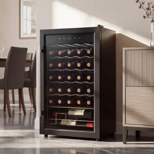 Front. Famapy - 34 Bottle Compressor Wine Cooler - Stainless Steel Freestanding Wine Fridge with Temperature Control for Home Bar - Black.