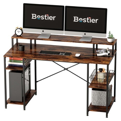 Bestier - 55 Inch Ergonomic Computer Desk with Monitor Riser, P2 Wood Table with 2-Tier Adjustable Lower Storage Shelves - Rustic Brown-Front_Standard 