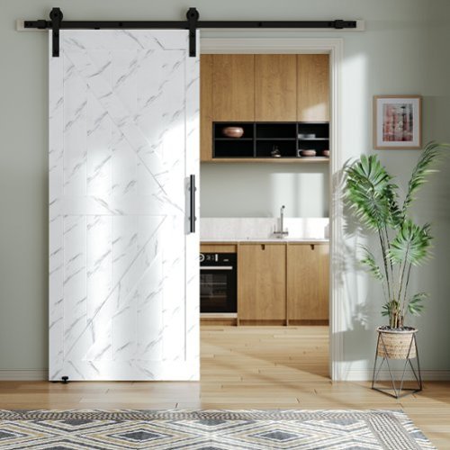 Bestier Sliding Barn Door with Wood Paneling and Installation Hardware Kit PVC-Surfaced Closet Door - Marble White