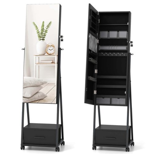 Costway Jewelry Cabinet Armoire Full Length Mirror Lockable with Bottom Drawer & Wheels - Black