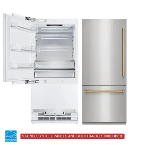 - Stainless steel panels and gold handles included.  
- Energy Star