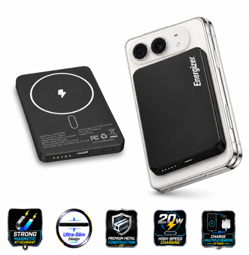 Energizer - 5,000mAh SLIM METAL 20W Magnetic Wireless Qi/Qi2.0/MagSafe PowerBank, Portable Charger, 2 Outputs, LED Display, & USB-C - Black