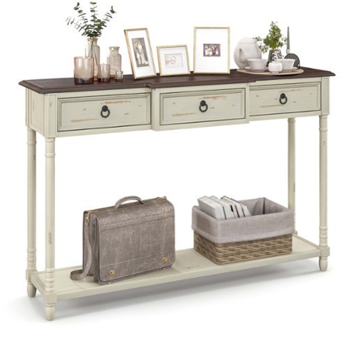 Costway Farmhouse Console Table Entryway Sideboard with 3 Drawers & Open Storage Shelf - Off-white/Brown