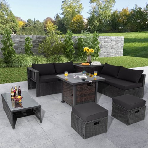 Costway 9 PCS Patio Furniture Set with 32" Fire Pit Table 50,000 BTU Square Propane Fire Pit - Black