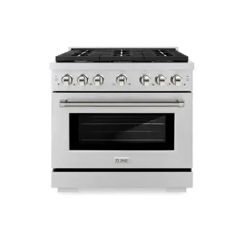 Front. ZLINE - ZLINE Autograph 36 in. 5.2 Cu. Ft. Freestanding Paramount Gas Range in Stainless Steel with Polished Nickel Helix Handle - Stainless Steel.