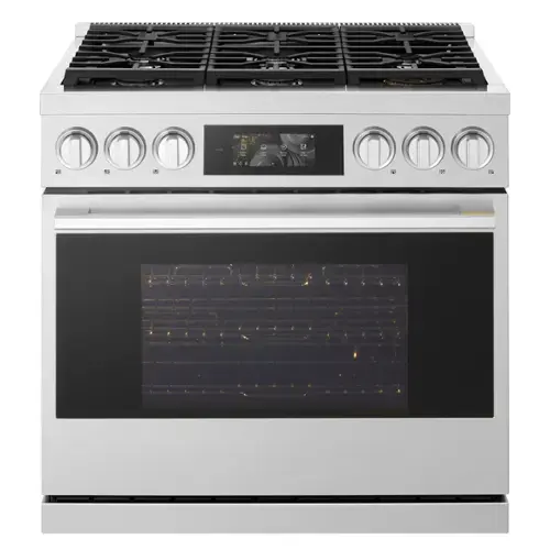 Front. LG - SIGNATURE 6.3 Cu. Ft. Slide-In Gas True Convection Pro Range with EasyClean, AirFry, and UltraHeat 23K Dual Power Burner - Stainless Steel.