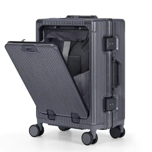 Front. Oumilen - 20 Inch Front Opening Aluminum Frame Carry On Luggage – ABS+PC Hard Shell with TSA Lock, USB Port, Cup Holder, Dark Gray - Dark Gray.