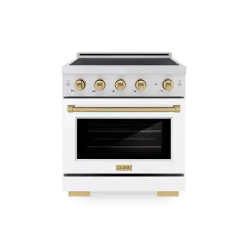 Front. ZLINE - Autograph 30 in. 4.2 cu. ft. Paramount Freestanding Induction Range in Satin Steel with Bronze Accents & White Door - Matte White.