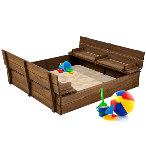 Best Choice Products - Large Outdoor Wooden Sandbox for Kids with Cover and Bench Seats Support up to 220 lbs - Walnut-Front_Standard 