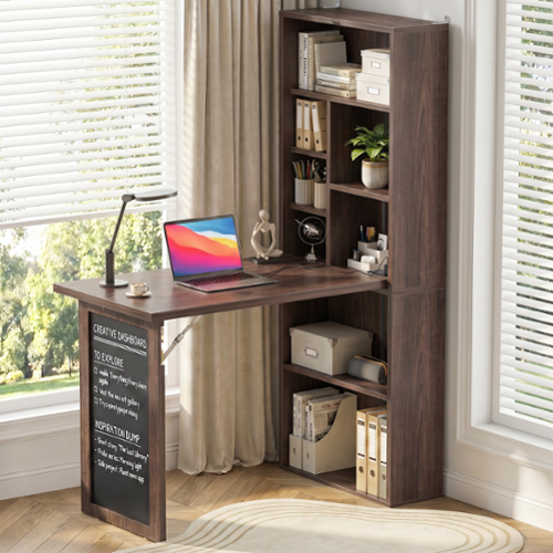 Aheaplus - Foldable Compact Desk: Built-in Outlets & Blackboard, Space-Saving Workstation for Home Office/Craft Room - Black Walnut-Front_Standard 
