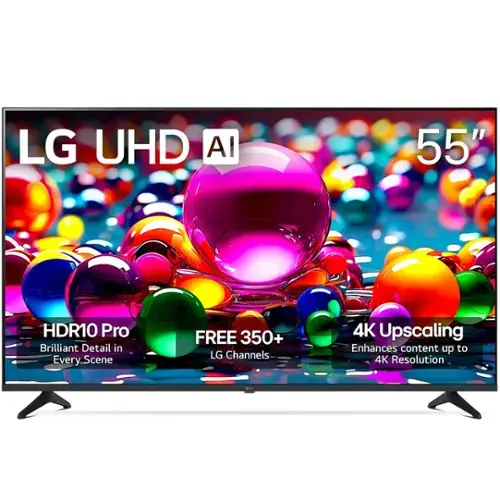 LG UHD AI 55"  
HDR10 Pro  
Brilliant Detail in Every Scene  
FREE 350+ LG Channels  
4K Upscaling  
Enhances content up to 4K Resolution
