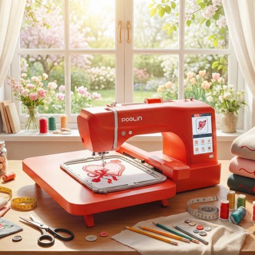 Poolin - EOC06-RE 11x7.9" Large Area Computerized Embroidery Machine 7" LCD Touchscreen Wifi with Starter Kit for Business - Red-Front_Standard 