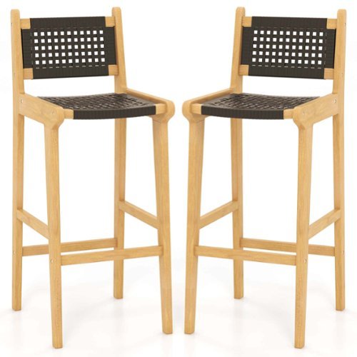 Costway 2 PCS 30" Teak Wood Bar Chair with Backrest & Footrest Bar Height Chair for Deck - Black + Natural