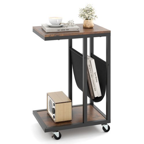 Costway - 1 PCS C-shaped Side Table 2-tier Sofa Couch Table with Canvas Storage Pouch Brown - Rustic Brown + Black-Front_Standard 