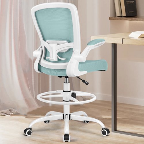 KERDOM - High Back Drafting Chair Ergonomic Tall Office Chair With Lumbar Support Breathable Mesh Painting Chair, Flip-up Armrest - Light Blue-Front_Standard 