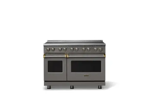 Front. Viking - 48 in. Wide 6 Elements Pro 5 Series 7.3 Cu.Ft. Freestanding 6 Element Induction Convection Range with Brushed Brass Trim - Damascus Gray.