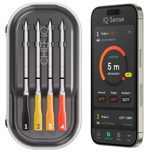 iQ Sense by CHEF iQ Smart Wireless Meat Thermometer, WiFi Unlimited Range, 5 Sensors, 4 Ultra-Thin Probes - 2025 Gen 3 - Dark Smoke-Front_Standard 