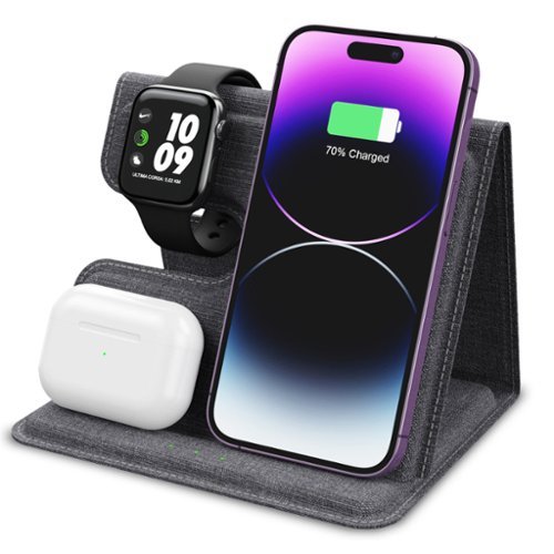 Alpha Digital - 3-in-1 Leather 18W Wireless Charger - SmartPhone, Earbuds & SmartWatch - Gray-Front_Standard 