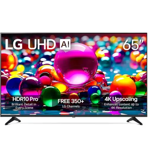 LG UHD AI 65"  
HDR10 Pro  
Brilliant Detail in Every Scene  
FREE 350+ LG Channels  
4K Upscaling  
Enhances content up to 4K Resolution