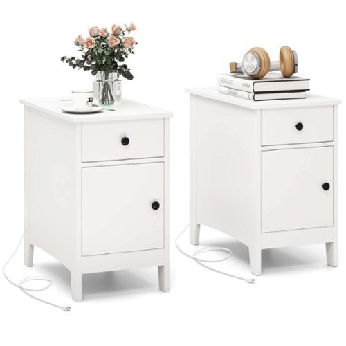 Costway - 2 PCS End Table with Charging Station Flip Top Bedside Table with USB Ports & Outlets - White-Front_Standard 