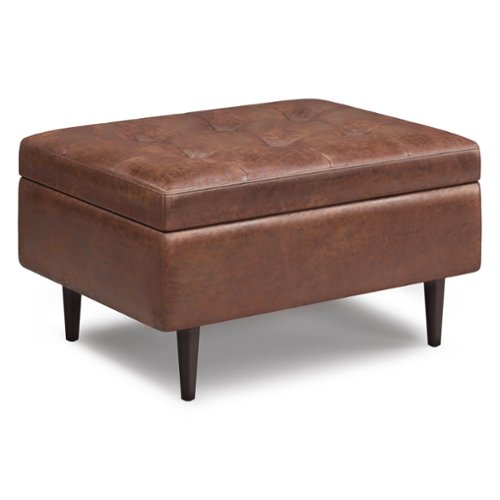 Simpli Home - Shay Mid Century Small Square Coffee Table Storage Ottoman - Distressed Saddle Brown
