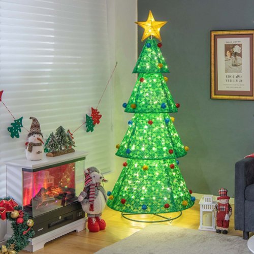 Costway Pop-Up Christmas Tree Pull-Up Artificial  Collapsible Decoration 200 Lights - Green