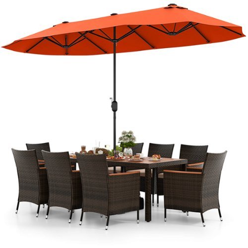 Costway 11 PCS Patio Wicker Dining Set with Double-Sided Outdoor Umbrella 8 Stackable Chairs - Orange + Mix Brown + Beige