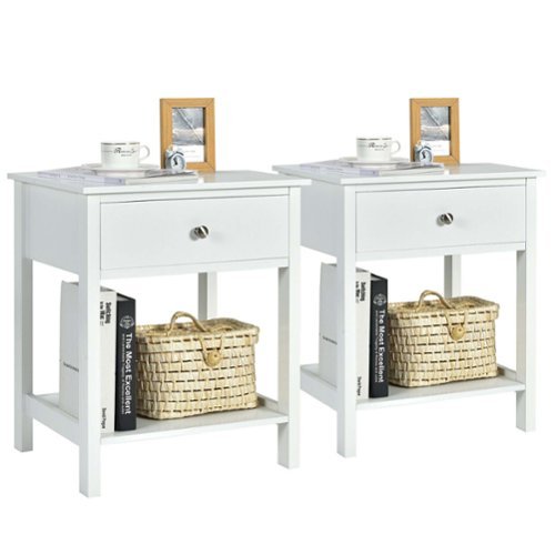 Costway - 2PCS 2-Tier Nightstand Modern Side End Table with  Drawer & Open Shelf - White